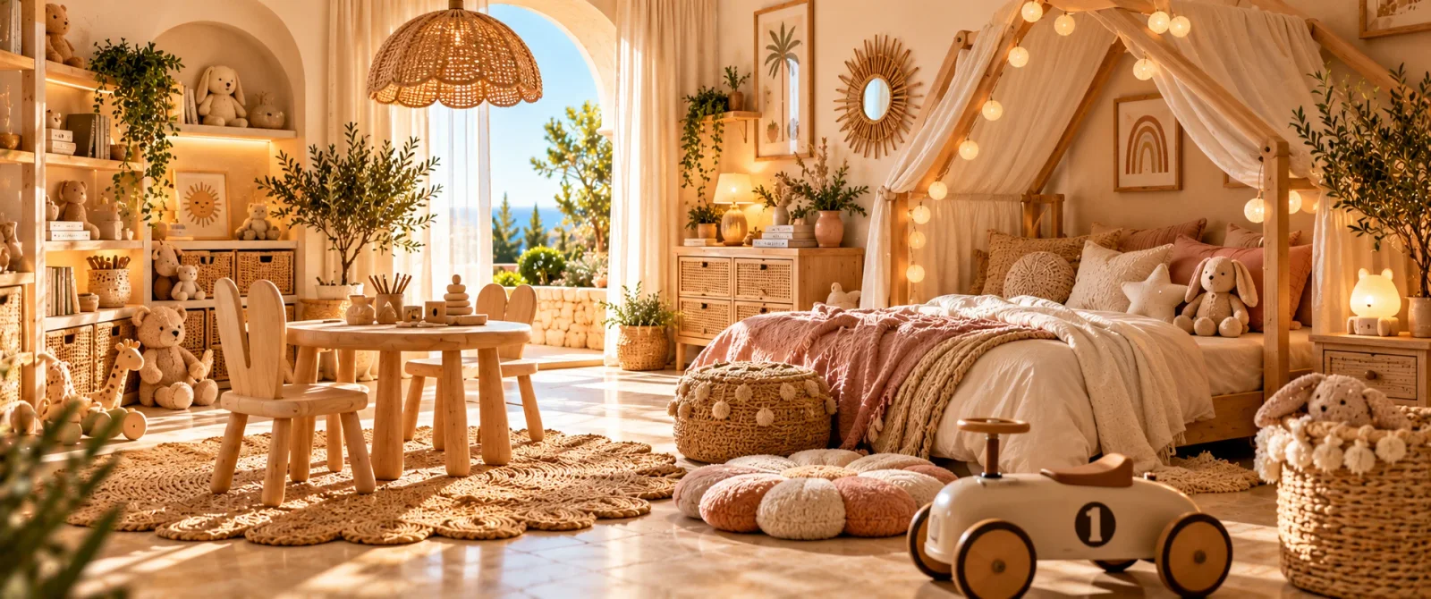 Boho kids’ bedroom with house bed, rattan, cushions and soft toys