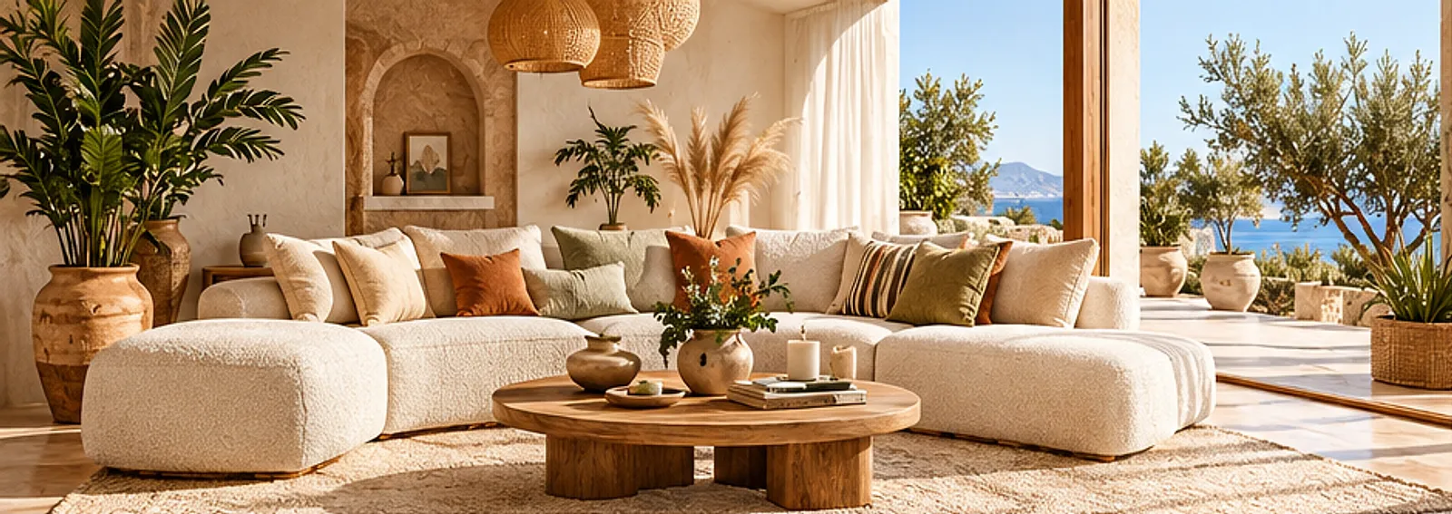 Bright Mediterranean living room: large cream bouclé sofa, natural wood coffee table, terracotta and olive cushions, sea view