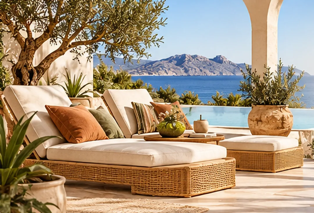 Mediterranean terrace with rattan sun loungers, olive tree and sea view