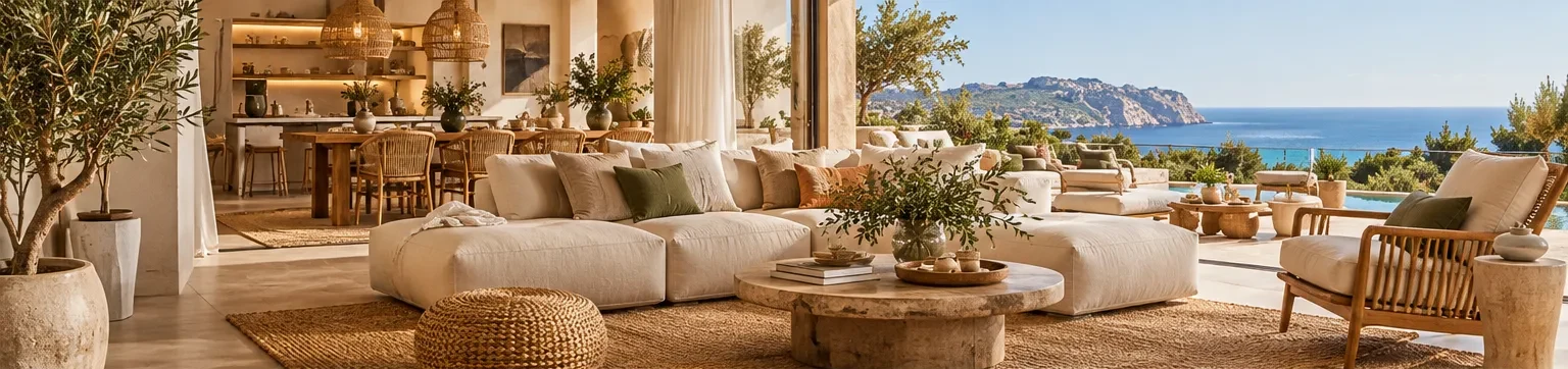 Lichte woonkamer die uitkomt op een terras met zeezicht, ingericht in mediterrane stijl
