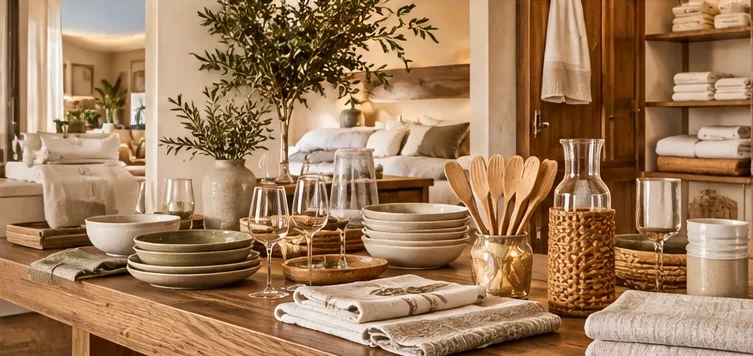 Gedekte tafel met servies, glaswerk en linnen, met een slaapkamer en badtextiel op de achtergrond