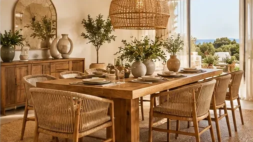 Eetkamer met massief houten tafel, gevlochten stoelen en rotan hanglamp