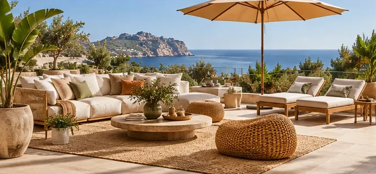 Terras met zeezicht met loungeset, ligbedden en parasol