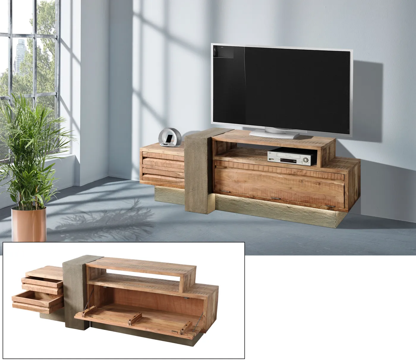 Meuble TV Led en manguier et ciment — Photo 3