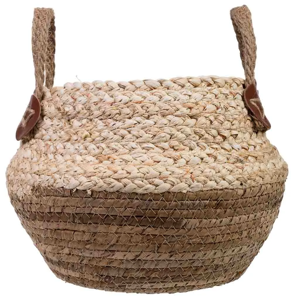 Panier tressé à anses en fibre naturelle, feuille de bananier, corde, feuille de maïs et jute — Photo 2