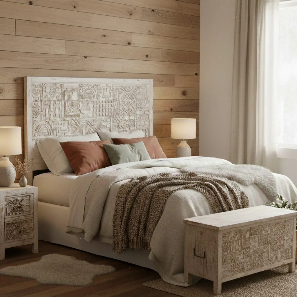 Carved handmade wood headboard – beige — Photo 2