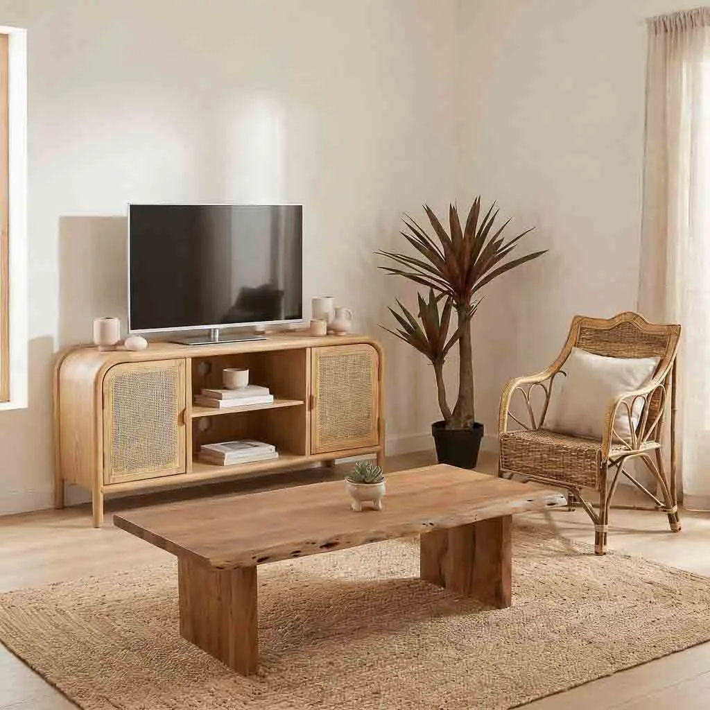 Meuble bas en bois et rotin marron — Photo 2