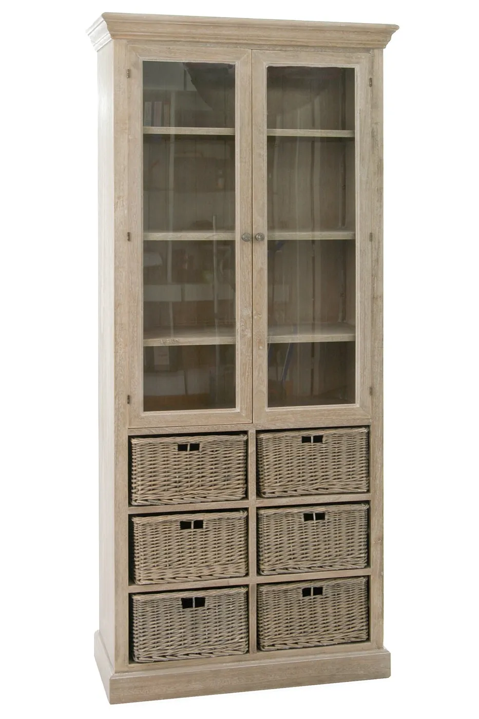 Vitrina 2 puertas y 6 cestas de madera gris blanqueada